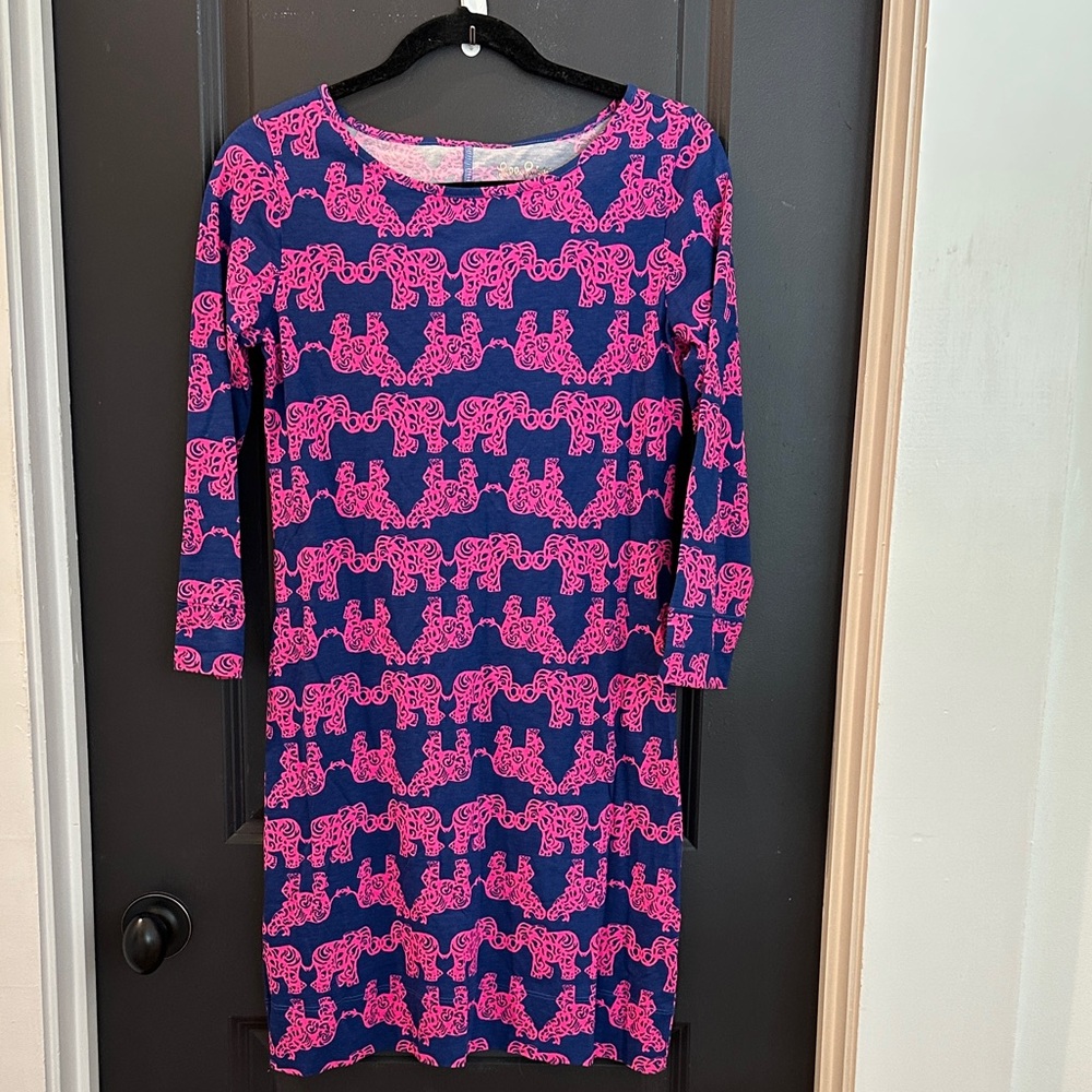 Preowned, worn, washed, Lilly Pulitzer Pink Elephant Print Dress XS